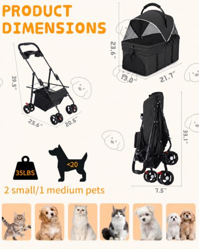 Pet Stroller 3 in1 Foldable Dog Cat Stroller with Detachable Carrier (BLACK)