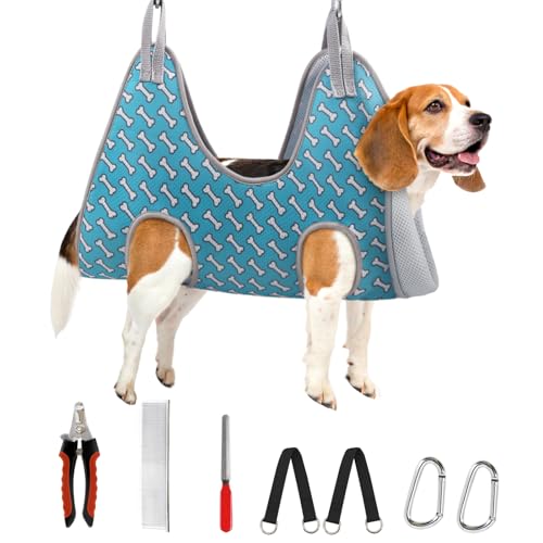 Dog Grooming Hammock for Nail Trimming (L（ Max 60 Lb：Leg space: 10.8"-21.0"） / Coral Blue)