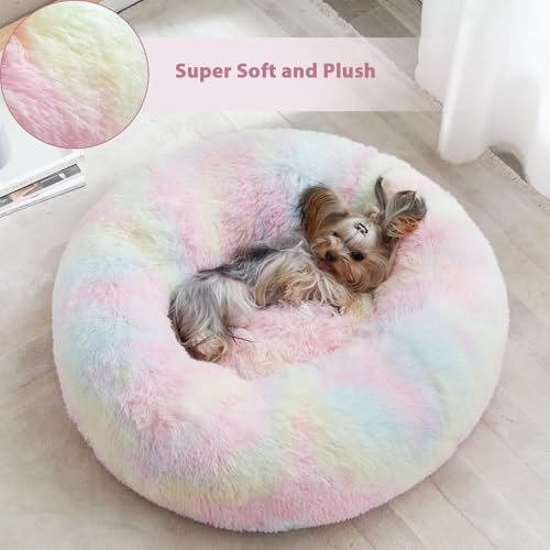 Large Round Calming Dog Bed Cat Bed for Comfy Sleep (45"L x 45"W x10"Th / Rainbow)
