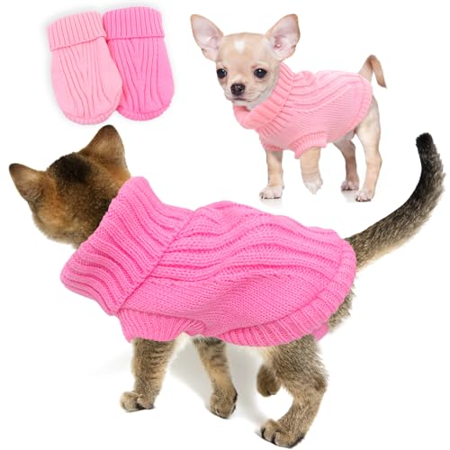 2 Pack Turtleneck Knitted Dog Sweaters for Small Dogs Girl Winter Cute Dog Clothes Warm Small Dog Sweater for Cat (Small / Pink+Light Pink)