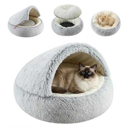 2-in-1 Convertible Cat & Dog Bed Cave with Removable Zipper Hood, Converts to Calming Donut Bed, Reversible Plush & Cooling Ice Silk Cushion (Grey, 23.6 in Medium Size) (Grey / 23.6 in Medium Size)