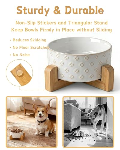 Ceramic Dog Bowl with Wood Stand (M-3.5 Cups / 06-Four-Leaf Clover)