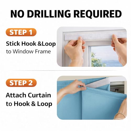 Magic Tape Stick on Curtains Blackout Curtains for Bedroom no Drillng Self Adhesive Curtain no Rod Small Window (Sky Blue / 59"W x 79"L (Pack of 2))