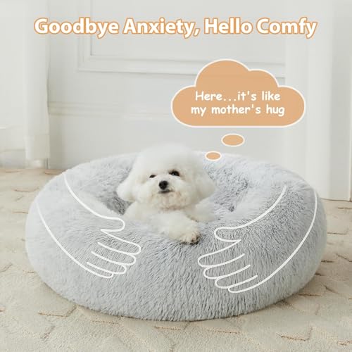 Large Round Calming Dog Bed Cat Bed for Comfy Sleep (45"L x 45"W x10"Th / light grey)