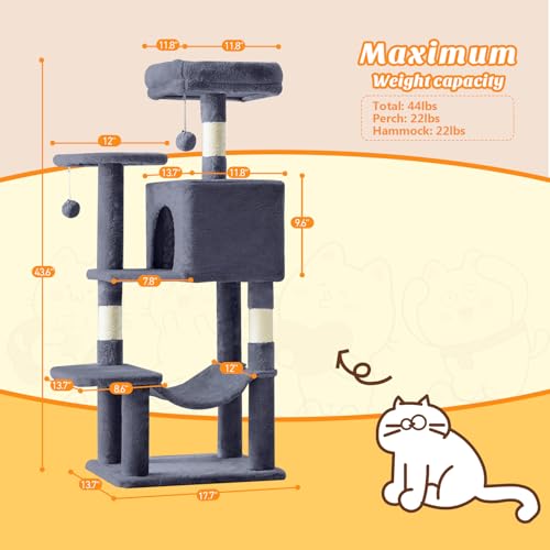 44 Inch Cat Tree Tower for Indoor Cats and Kittens (Deep Grey / 44 IN)