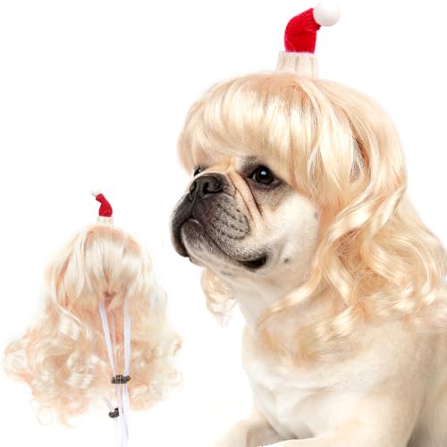Dog Costume Long Blonde CurlyWigs with Small Red Christmas Hat StylingCute Funny Pet Costumes AccessoriesDecoration for Halloween (Gold Curly Wig)