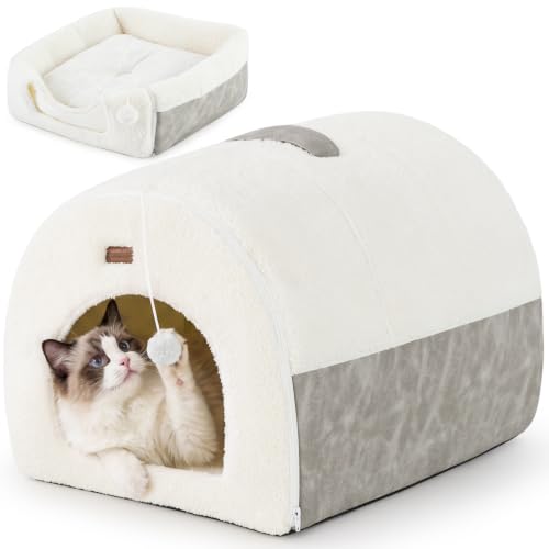 2in1 Cat Bed Cave for Indoor Cats & Small Dog (L - 17.0"L x 20.0"W x 15.9"H / Cream)