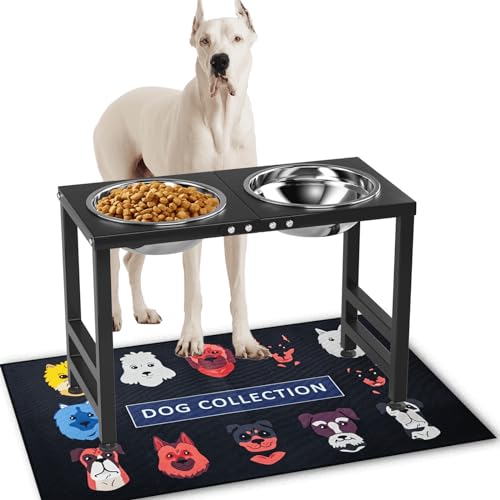 Metal Elevated Dog Bowl for Large 𝐋𝐚𝐫𝐠𝐞 Raised Bowl Stand with Sprill Proof Mat and 2000ML Pet Bowls (Black - XL Cute Dog Mat / Height:16inch)