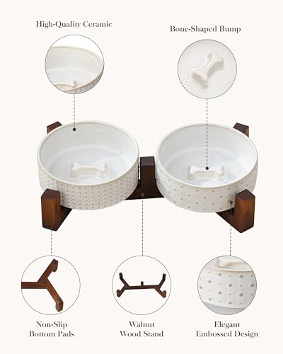 Dog Bowl Set Ceramic Bowls with Walnut Wood Stand (Rhombic+Polka Dots / 2 Cups)