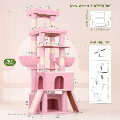 Z78 Heavy Duty Cat Tree for 20lbs Large Adult Cats (Pink / 78 inch)