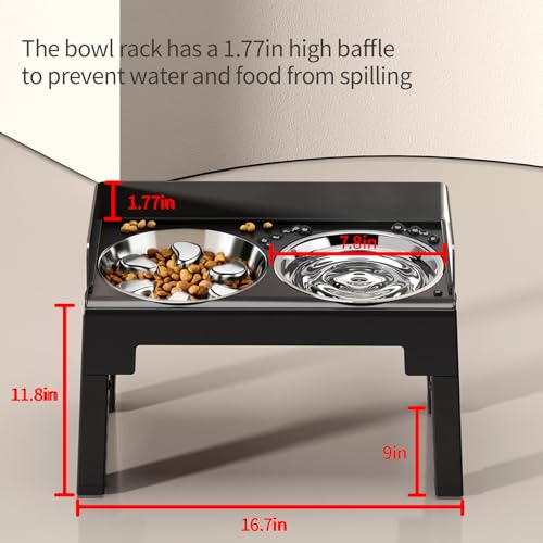 Elevated Dog Bowls with Stainless Steel Slow Feeder Bowl for Medium and Large Dogs (1 Stainless Slow Feeder & 1 Stainless Bowl / Black)