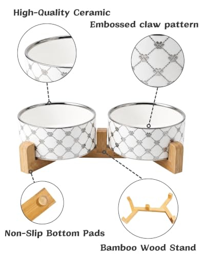 Ceramic Dog Bowl Set of 2 with Wood Stand (M-3.5 Cups / 03-Sliver Paw)