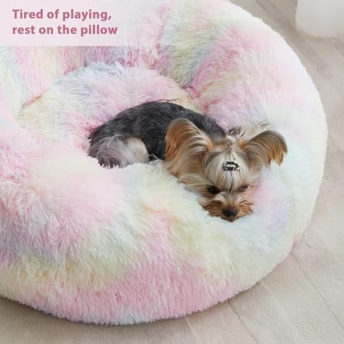 Large Round Calming Dog Bed Cat Bed for Comfy Sleep (45"L x 45"W x10"Th / Rainbow)