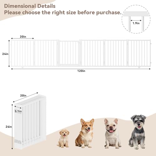 Full Metal Freestanding Dog Gate with Door (【6 Panels】120"W*24H" / White)
