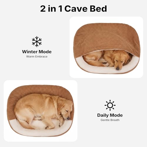 2-in-1 Dog Cave Bed with Cover, Covered Dog Bed for Large Dogs (Brown / 48"L x 35"W x8"Th)