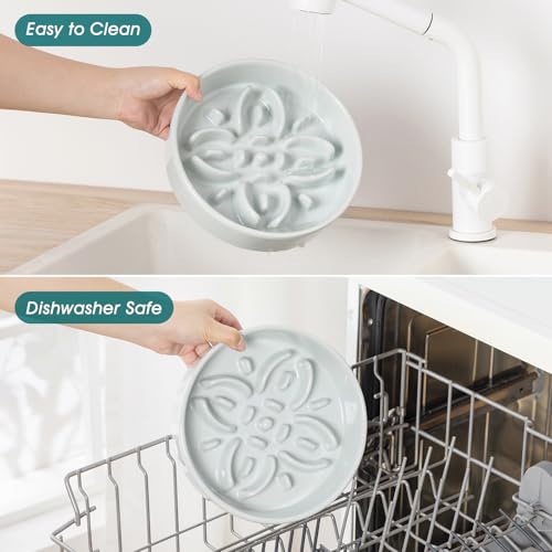 Ceramic Slow Feeder Dog Bowls (M-1.5 Cups / Grayish Cyan)