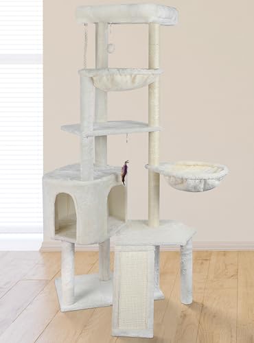 Wang Xin Four Layer Big Cat Tree with Huge Cat Condo and Two Hammocks Scratch Pad (Large / Beige)