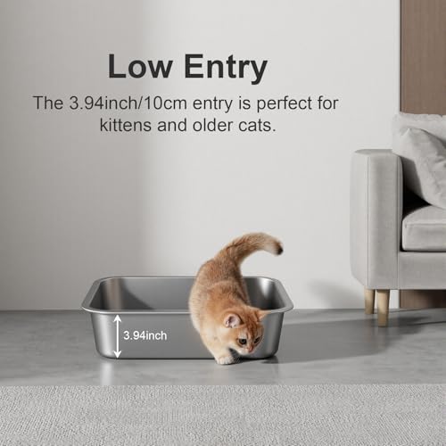 Large High Sided Stainless Steel Cat Litter Box (19.69"L x 13.78"W x 3.94"H)