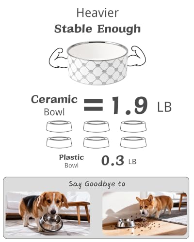 Ceramic Dog Bowl Set of 2 with Wood Stand (M-3.5 Cups / 03-Sliver Paw)