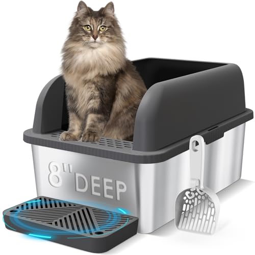 XL 8" Deep Enclosed Stainless Steel Cat Litter Box for Big Cats (Charcoal Gray & Sliver / X-Large)