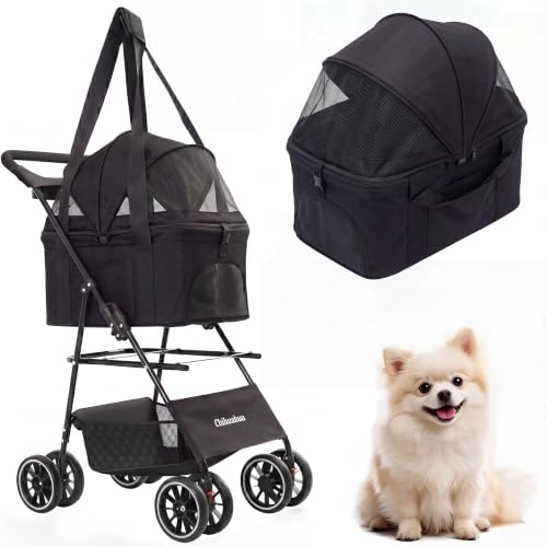 2-in-1 Foldable Pet Stroller 4-Wheel for Small Dogs & Cats, Black (Black)