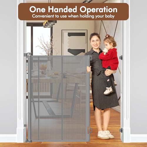 Reinforced 48" Extra Tall X 100" Extra Large Baby Gates for Wide Openings Long Dog Gate for Doorway Mesh Gates for Pets Retractable Dog Gate Indoor (Gray / Reinforced 48" Tall x 100" Wide)