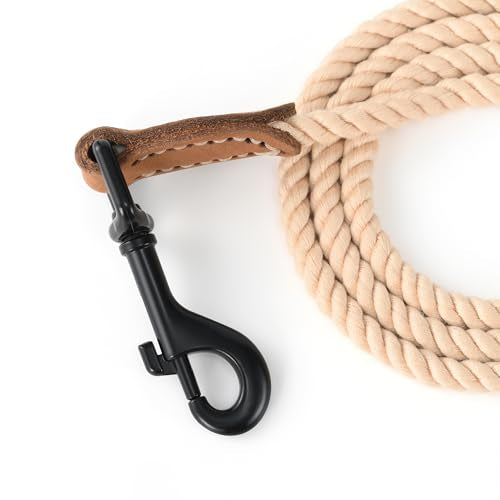 Dog Leash Braided Cotton Rope with Leather (Light Brown / 48 Inch-1/3")