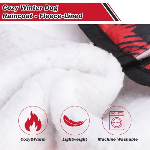 Winter Dog Raincoat Hooded Slicker Poncho with Leash Hole (M:15-20lbs / Red&Black(Thick Fleece))