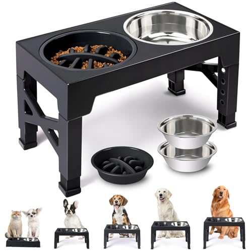 Elevated Dog Bowls with 5 Adjustable Heights Stand (Black)