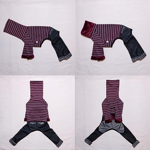 D Doggy Star Italian Greyhound Clothes Stripe Fleece Stretchable Denim Onesie Whippet for Dog Turtleneck Outfits Coat (3XL / Denim Burgundy)