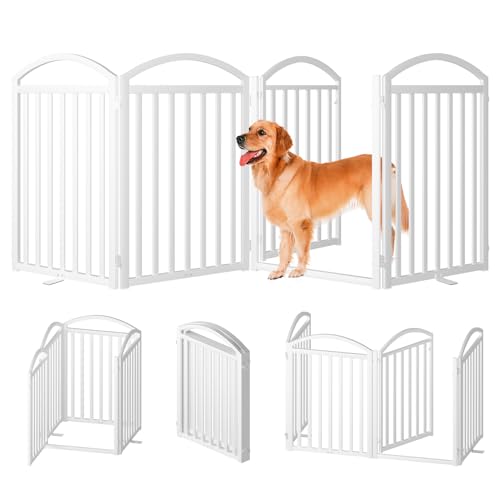 4 Panles Full Matel Freestanding Dog Gates with Door (【4 Panels with Door】96"W*32H" / White)
