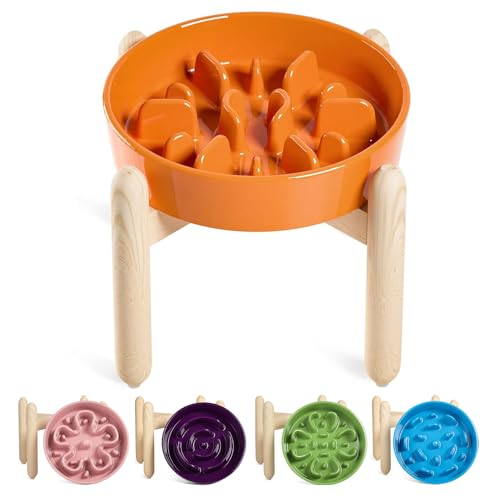 Ceramic Slow Feeder Puzzle Bowl Elevated 3 Cup with Wooden Stand for Medium Large Dog (Sun Orange+Stand / L-3 Cups)