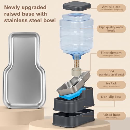 1.6 Gallon Pet Automatic Dog Water Dispenser Cat Gravity Waterer Feeder with Stainless Steel Bowl 8L Large Capacity Puppy Feeding Raised Bowls with Filter (Charcoal Gray / 6L(1.6 Gallon))