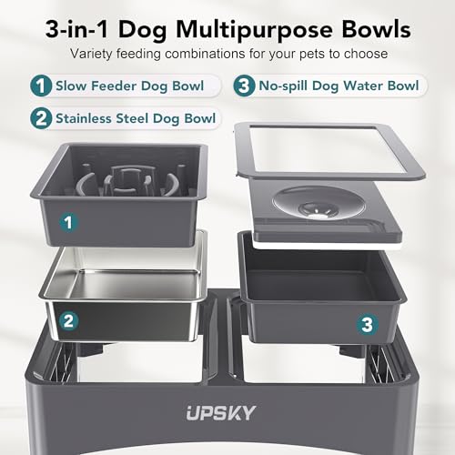 3-in-1 Elevated Dog Bowls Set with 4 Height Adjustable Stand, Gray (D-3 in 1 (Grey))