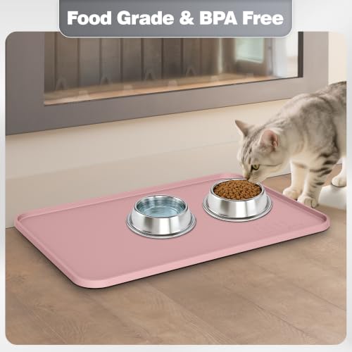 Silicone Dog Cat Food Mat Extra Thick Raised Edge (Dusty Rose / 18"L x 12"W)