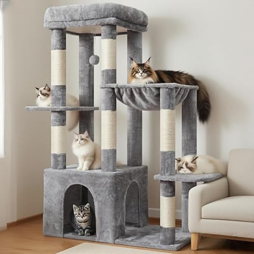 Heavy Duty Cat Tree with Large Base for Large Indoor Cats HCT026W (Light Gray / L)