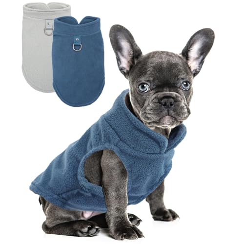 2 Pack Dog Sweater with Leash Ring Winter Warm Pet Sweater Thick Clothes Coat Fleece Dog Sweaters for Medium Dogs Girl Boy for French Bulldog (cyan blue,grey / XX-Large(27-36lbs))