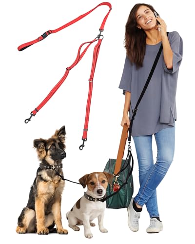 3-in-1 Double Dog Leash, Hands-Free Convertible Leash for 1 or 2 Dogs (Red)