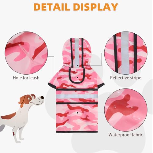 Dog Raincoat Hooded Slicker Poncho with Leash Hole (S:10-15lbs / Pink Camo)