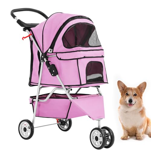 3 Wheels Pet Dog Stroller Cat Cage Jogger Stroller Cats Travel Folding Carrier Waterproof with Cup Holder & Removable Liner (Pink / 3 Wheels)