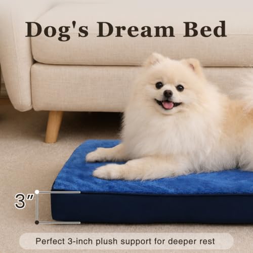 Waterproof Large Dog Bed for Crate with Washable Cover (35.0"L x 22.0"W x 3.0"Th / Navy)