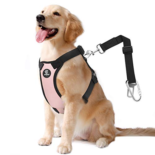 Dog Seat Belt Vest Harness for Car (Light Pink / L (Chest: 22-32.3", Neck: 16.9-26"))