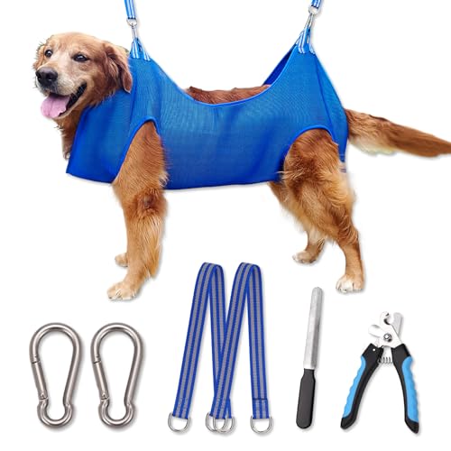 10 in 1 Pet Grooming Hammock Harness with Nail Clippers (XXL/Under 100 lb / Blue)
