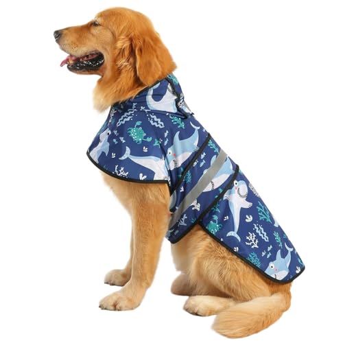 Dog Raincoat with Hood & Leash Hole S (Large / Sharks)