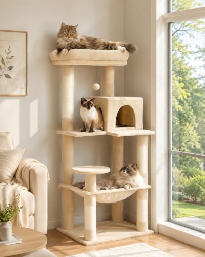 Cat Tree for Large Cats Adult with Metal Plush Big Hammock (Beige / 56.3in)