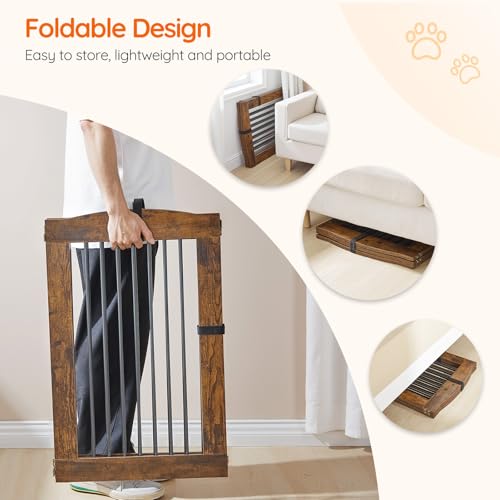 Indoor Dog Gate with Support Feet (Rustic Brown / 【3 Panels】61.4"L x 31.5"H)