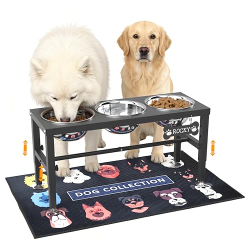3-in-1 Elevated Dog Feeder with 3 Stainless Steel Bowls, Heavy Iron Stand, Custom Name Plate, Non-Slip Mat - Easy Clean for Multiple Dogs (Black-L, 3 Bowls / Height:9-12.2inch)