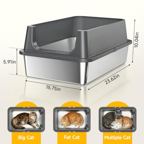 XL Open Top Stainless Steel Litter Box Large with High Sides (Dark Gray)