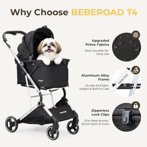 Beberoad Dog Stroller T4 for Small Medium Pets One Hand Fold (Black)