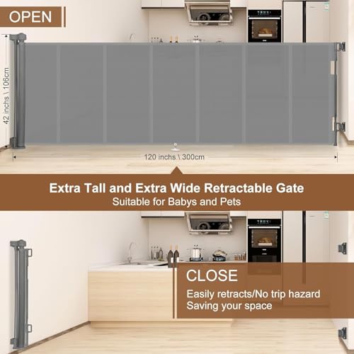 100 inch Reinforced Retractable Baby Gates 42 inch Tall (Gray / 42" Tall x 100" Wide)